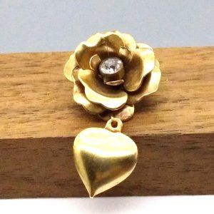 Vintage Rose Lapel Pin with Dangling Heart, Gold Tone Romantic Love Brooch